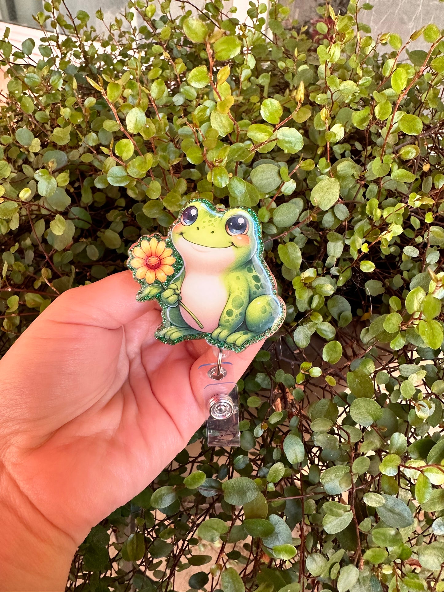 Frog with Sunflower Badge Reel