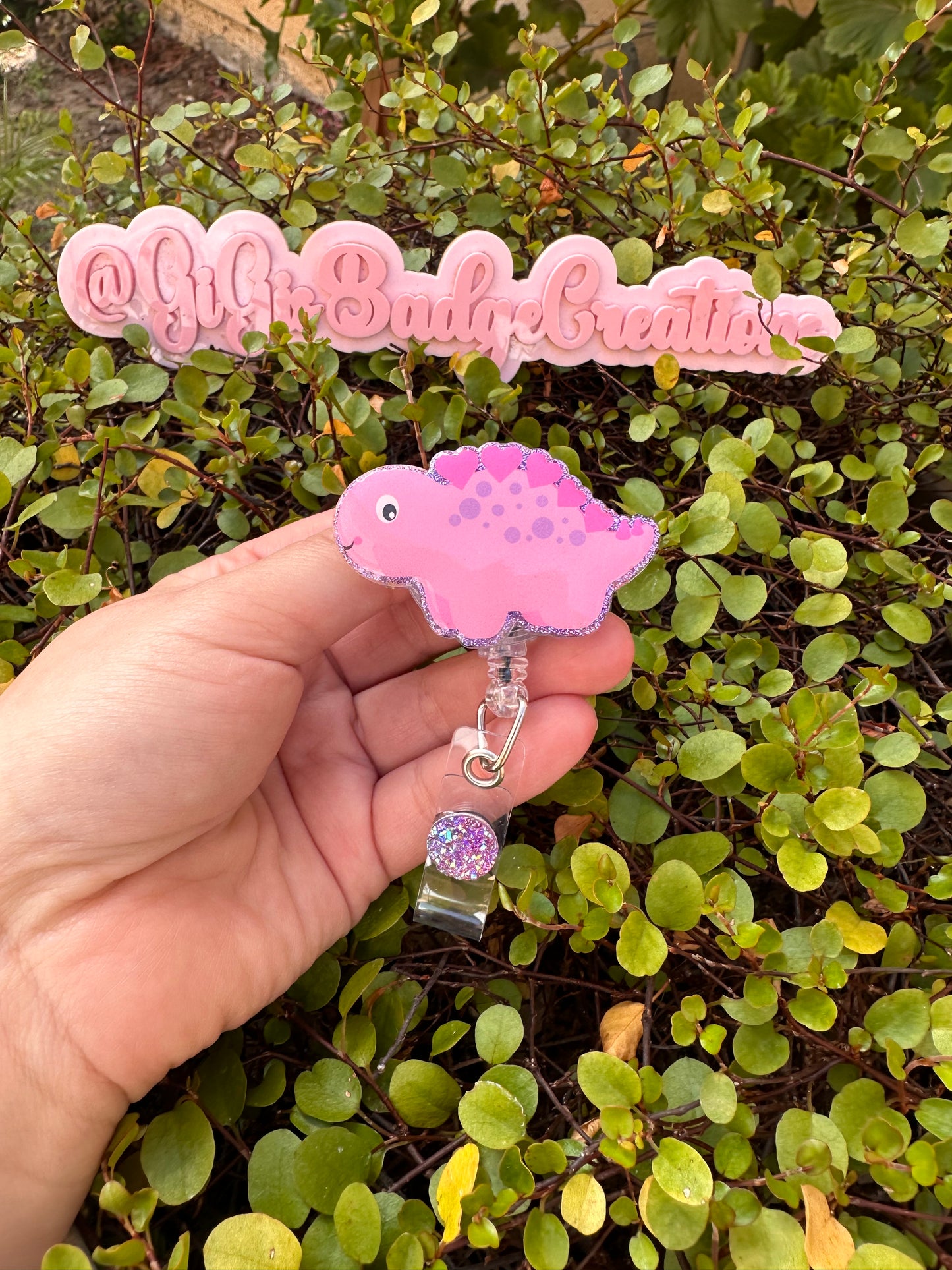 Pink Dino Badge Reel