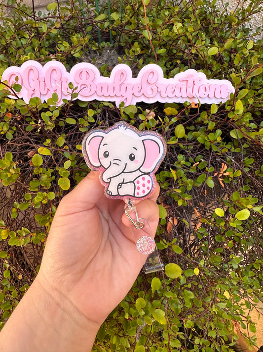 Pink Baby Elephant Badge Reel