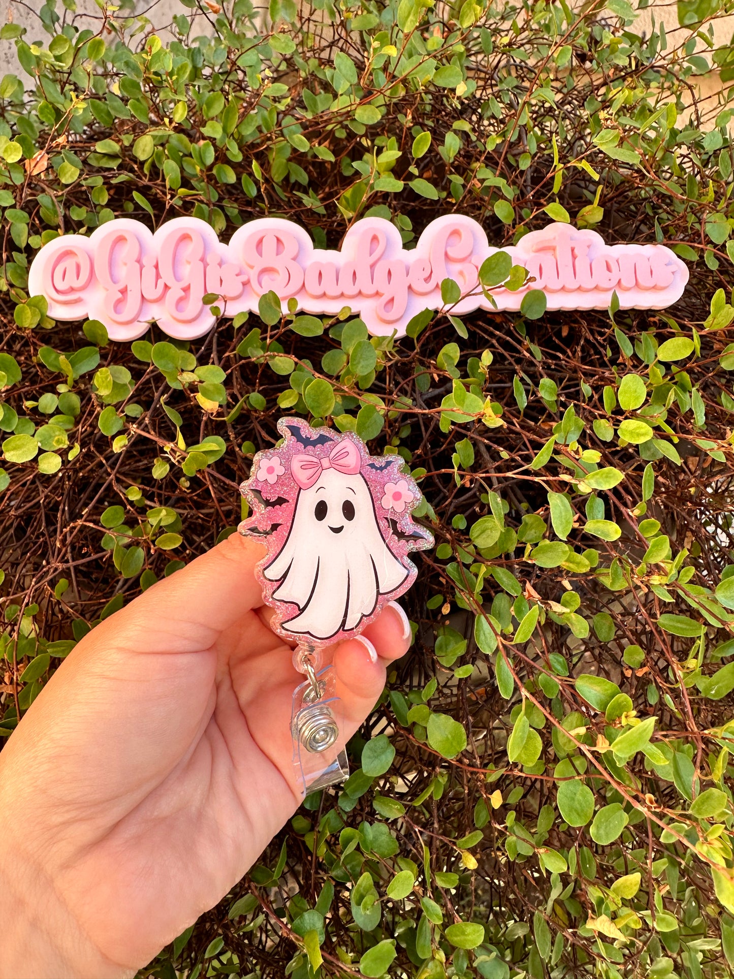 Pink Girl Ghost Bats Badge Reel