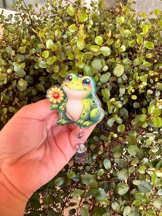Frog with Sunflower Badge Reel