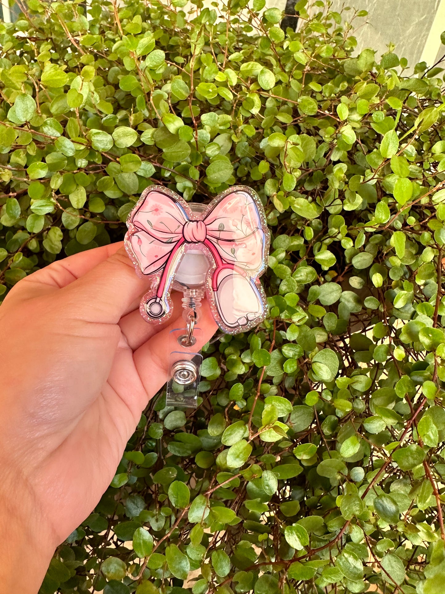 Pink Floral Stethoscope Badge Reel