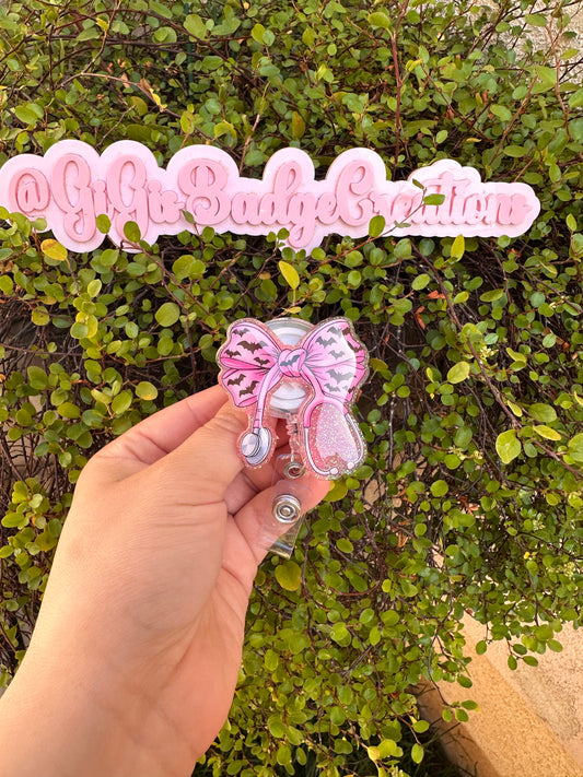 Pink Bat Stethoscope Badge Reel