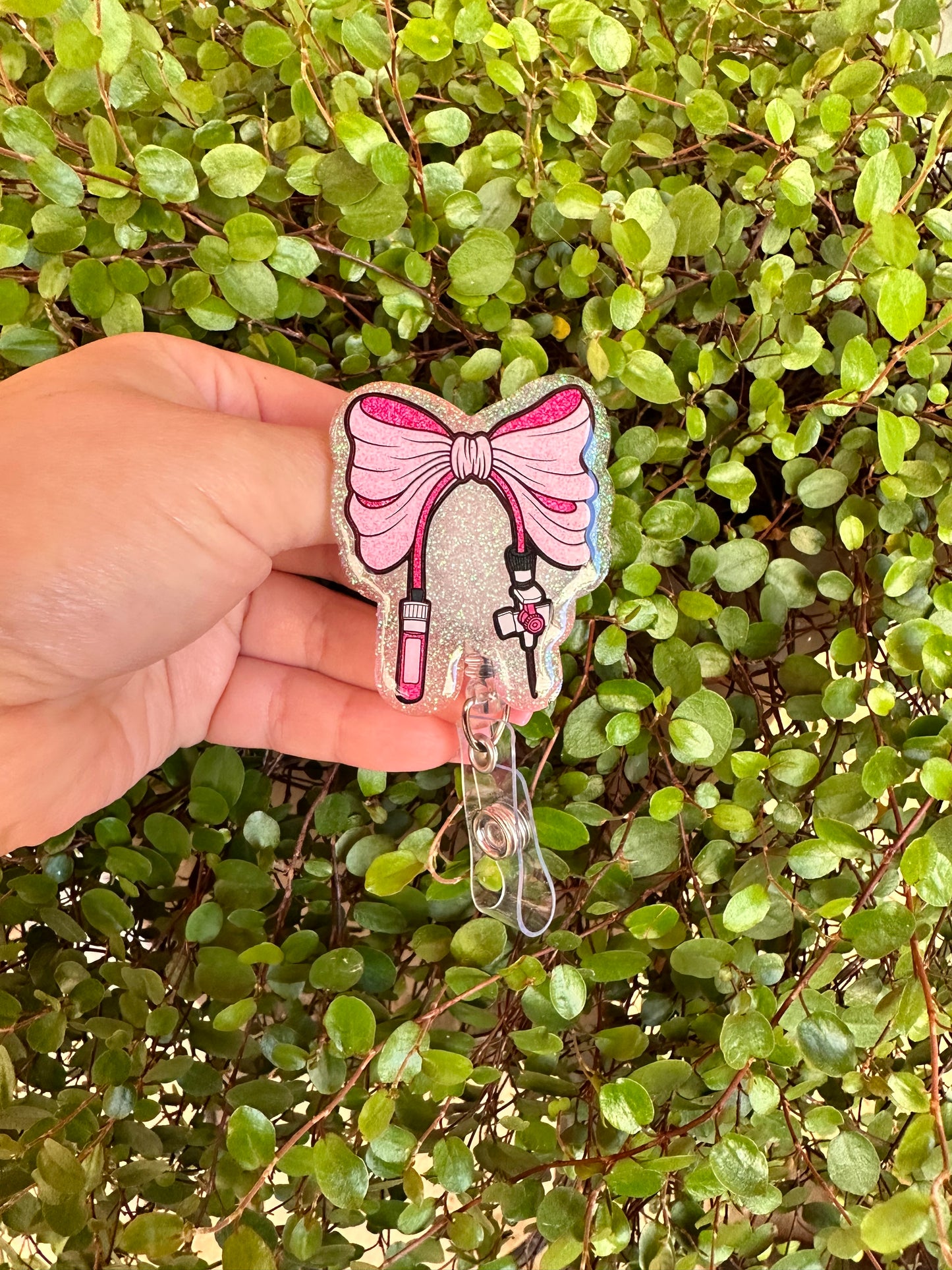Phlebotomy Bow Needle Pink Badge Reel