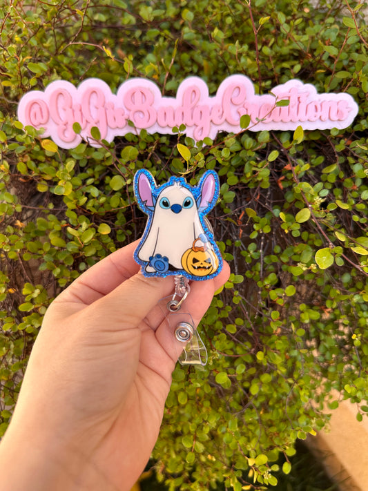 Stitch with Pumpkin Basket Badge Reel