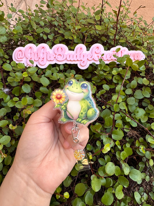 Frog with Daisies Badge Reel