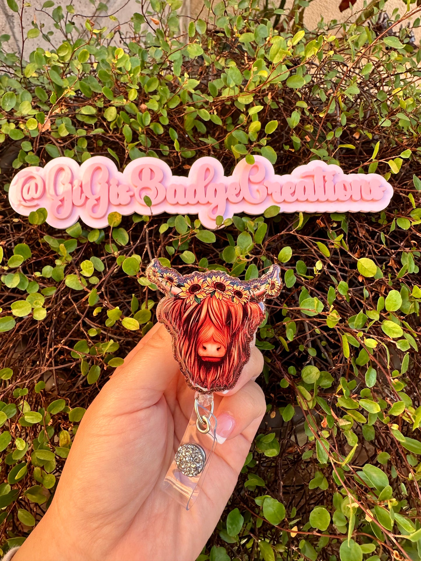Highland Cow Sunflower Headband Badge Reel