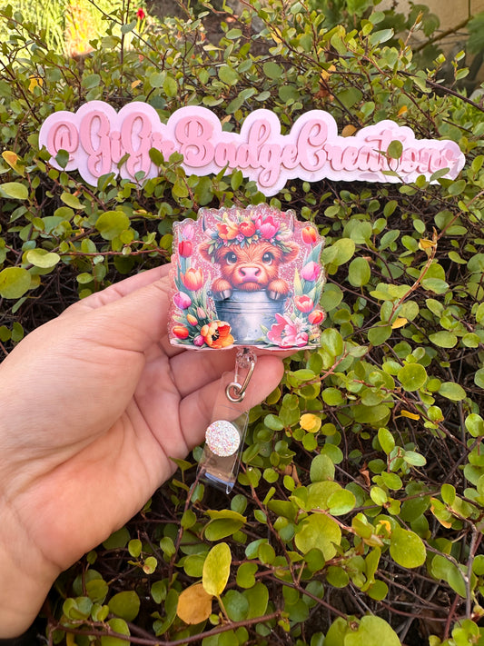 Highland Cow with Tulips Badge Reel
