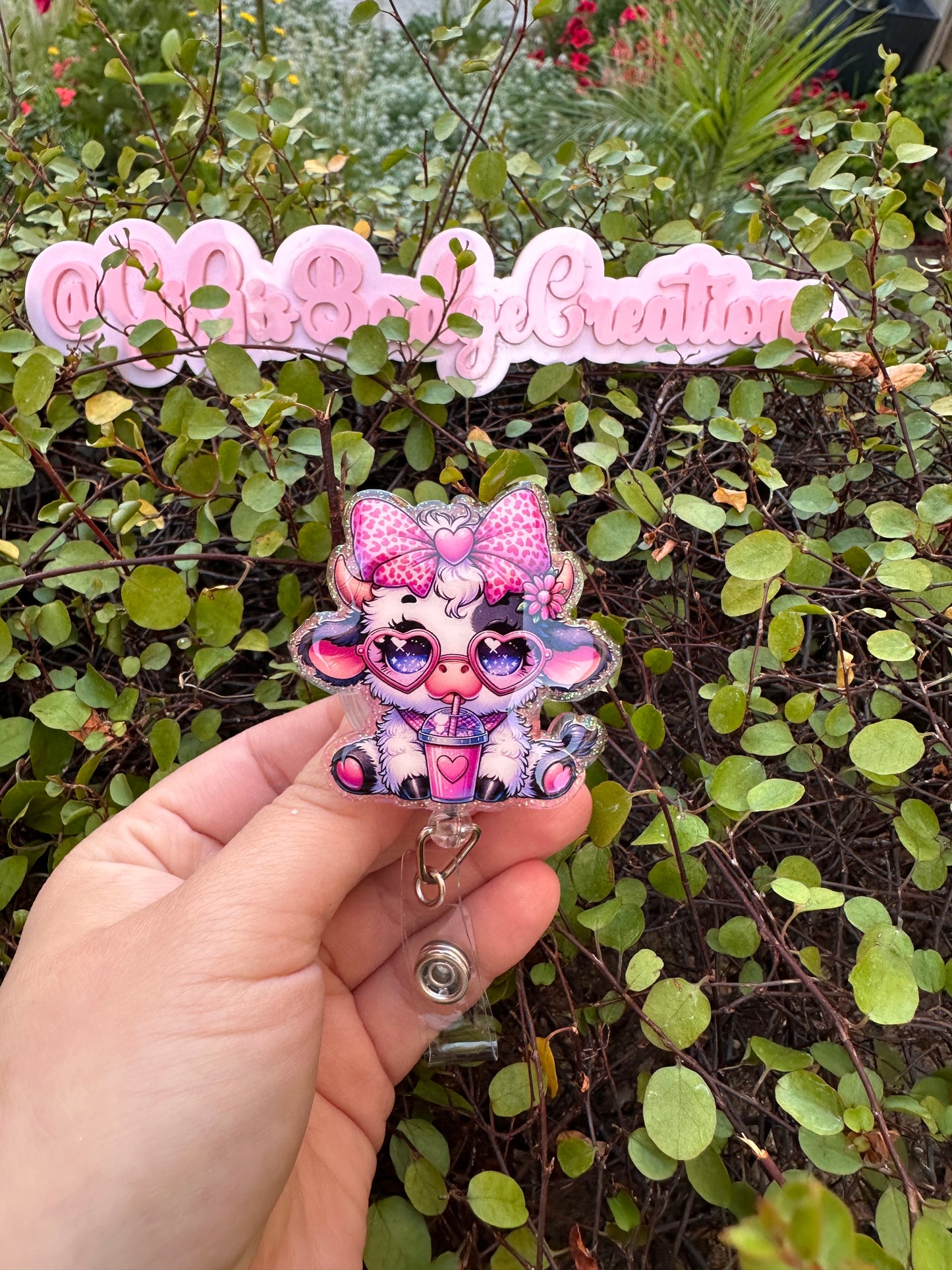 Pink Coffee Cow Badge Reel