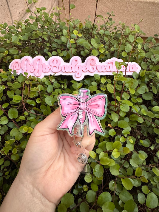 Syringe Pink Bow Badge Reel