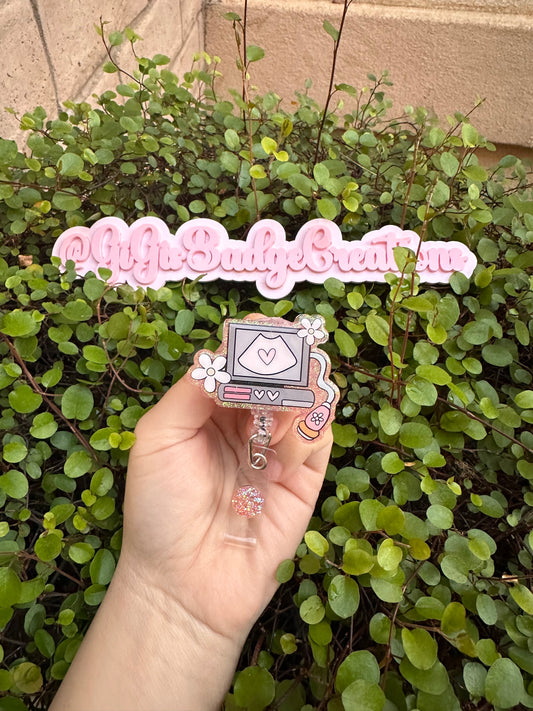 Ultrasound Machine with Flowers Badge Reel