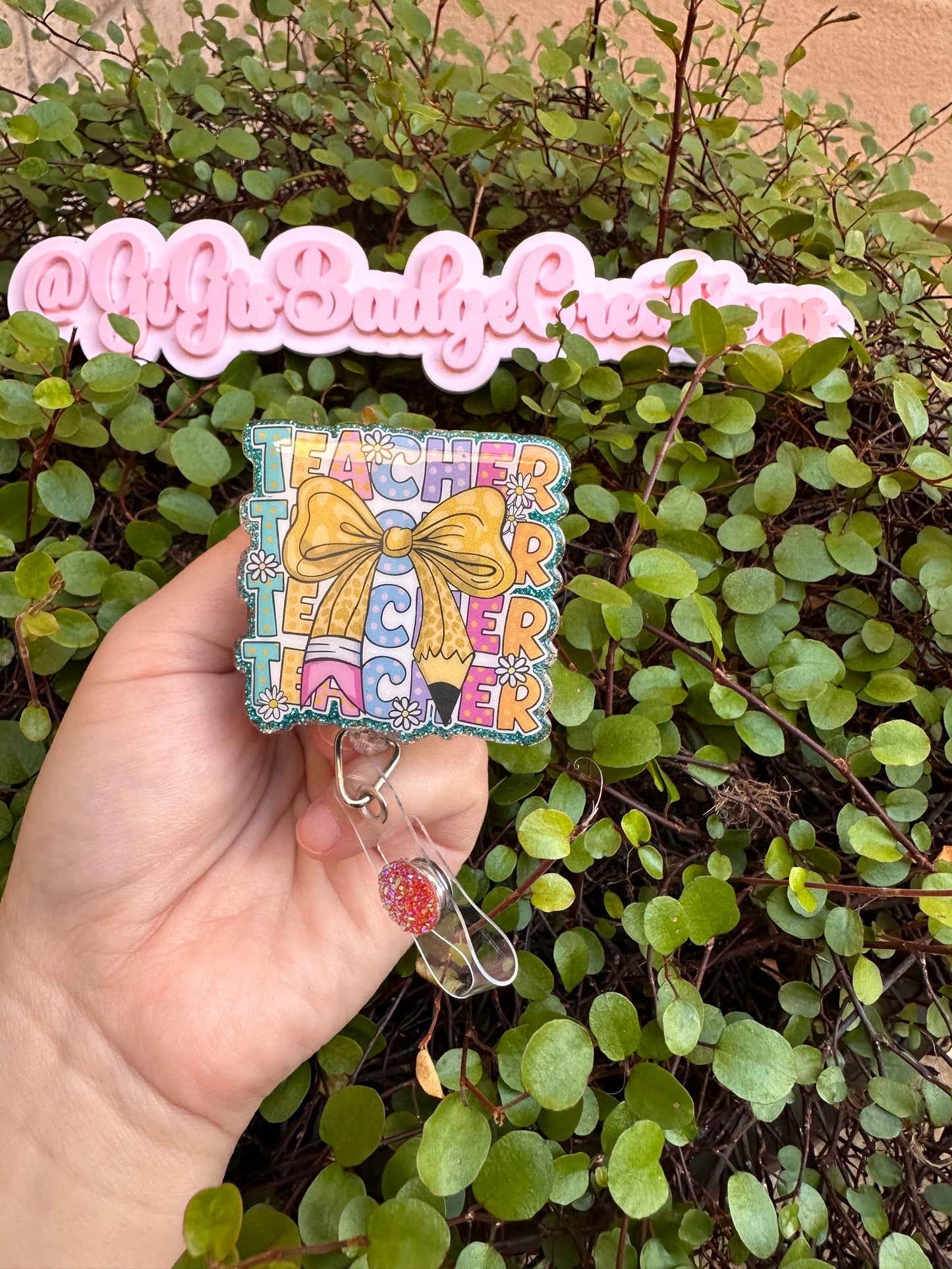 Teacher x5 with Pencil Bow Badge Reel