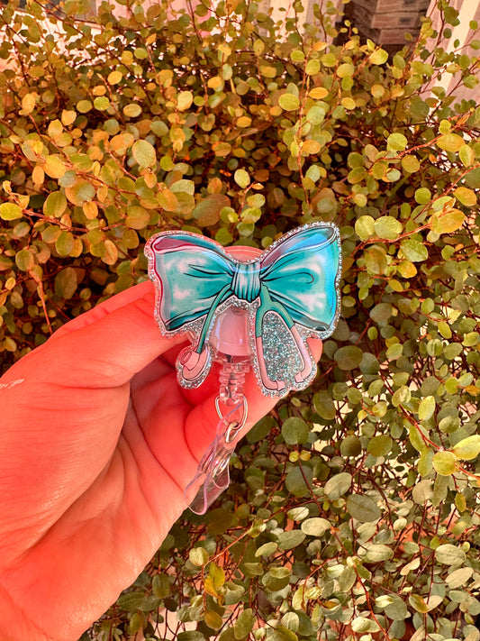 Teal Bow Stethoscope Badge Reel